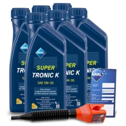 ARAL 6x 1 L SuperTronic K 5W-30 + Ölwechsel-Anhänger + Trichter 15DBCB